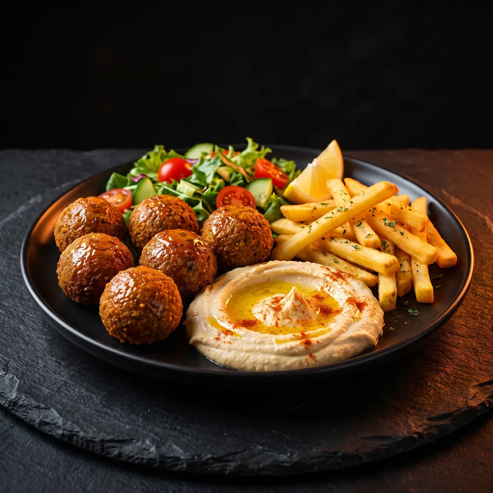 Assiette végétarienne de falafels avec houmous et frites