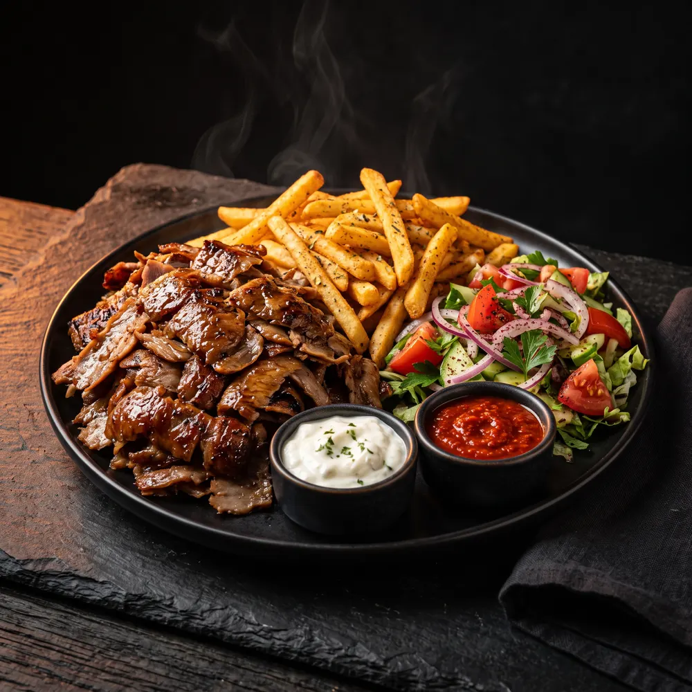 Assiette kebab avec viande grillée, frites maison, salade et sauces servies à part