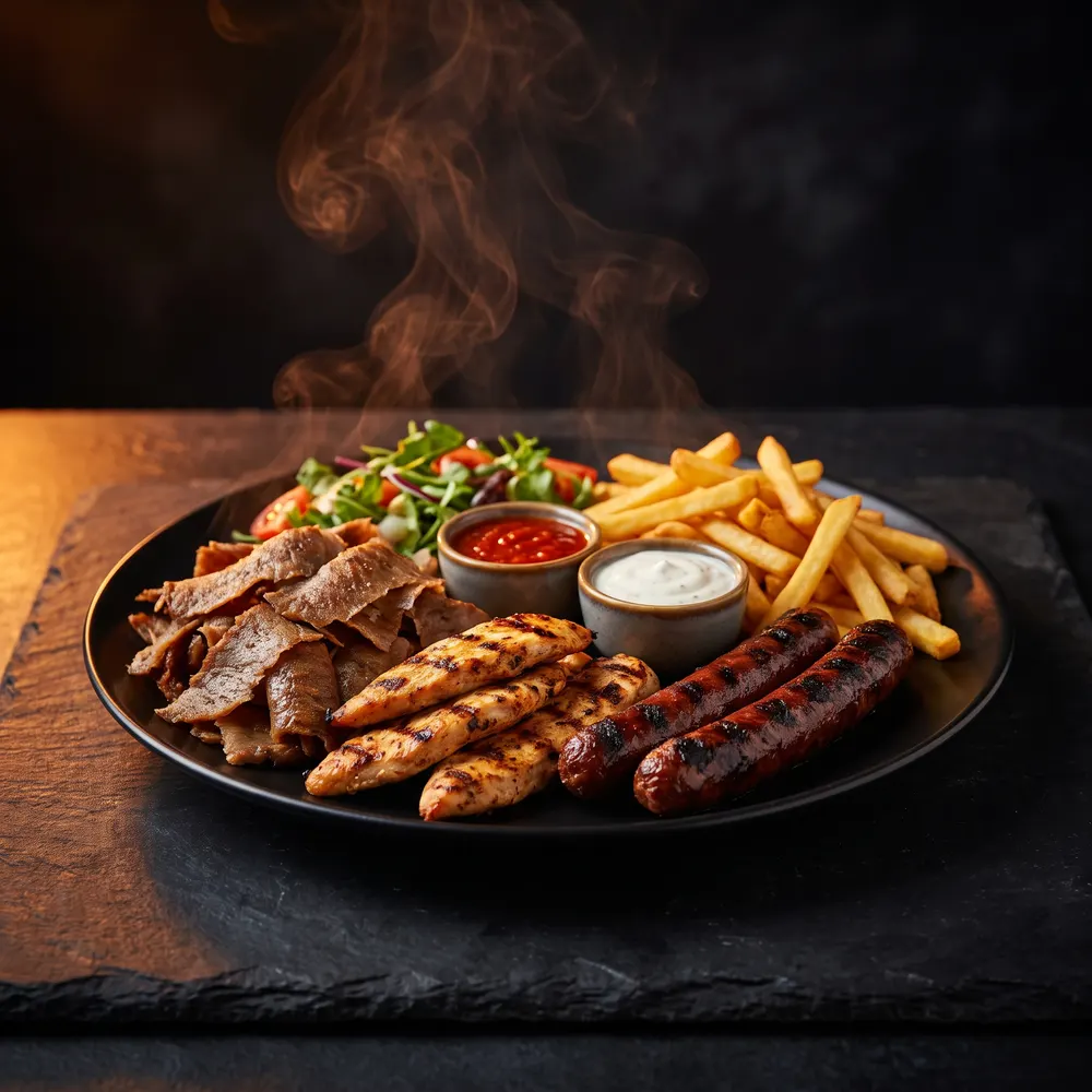Assiette mixte kebab, poulet et merguez avec frites et salade