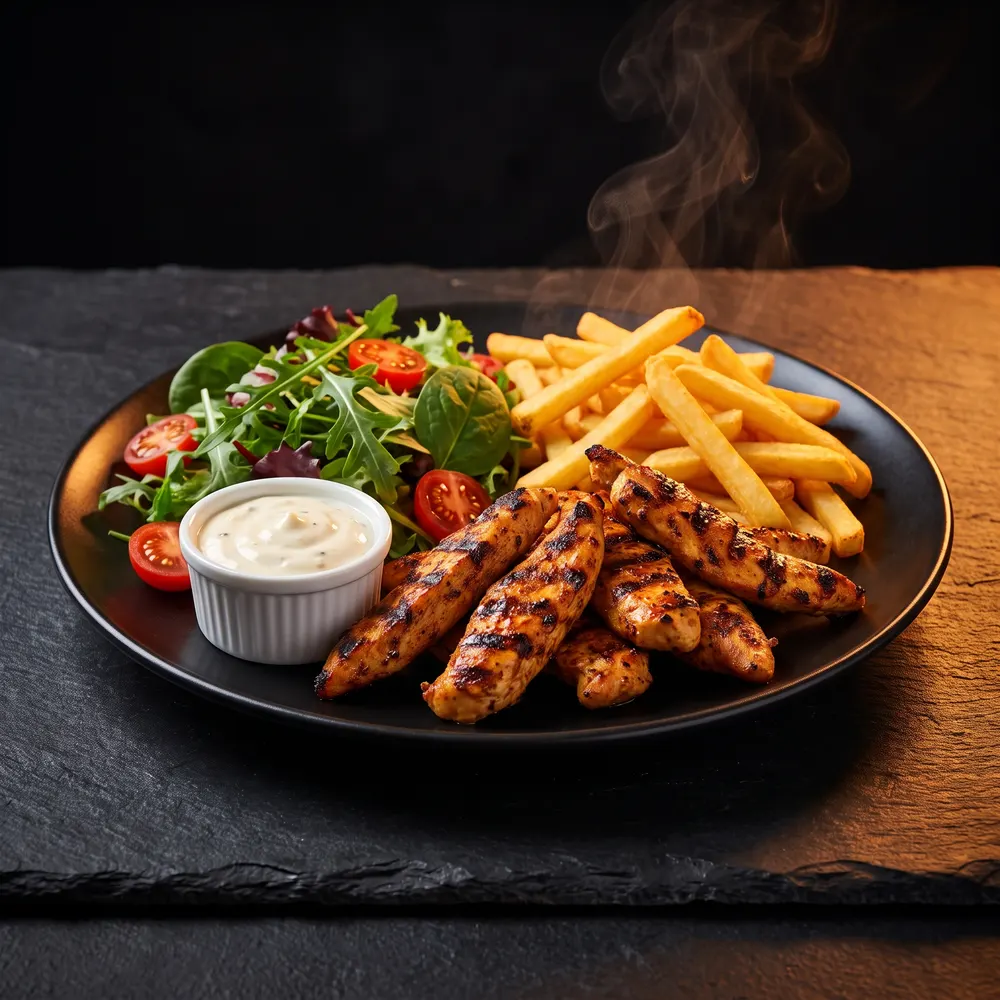 Assiette de poulet grillé avec frites et salade