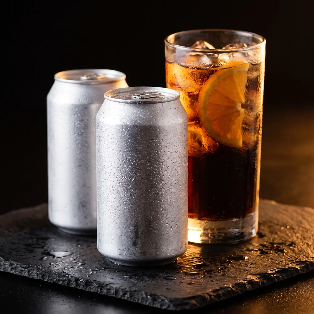 Canettes de soda glacées et verre de cola avec glaçons