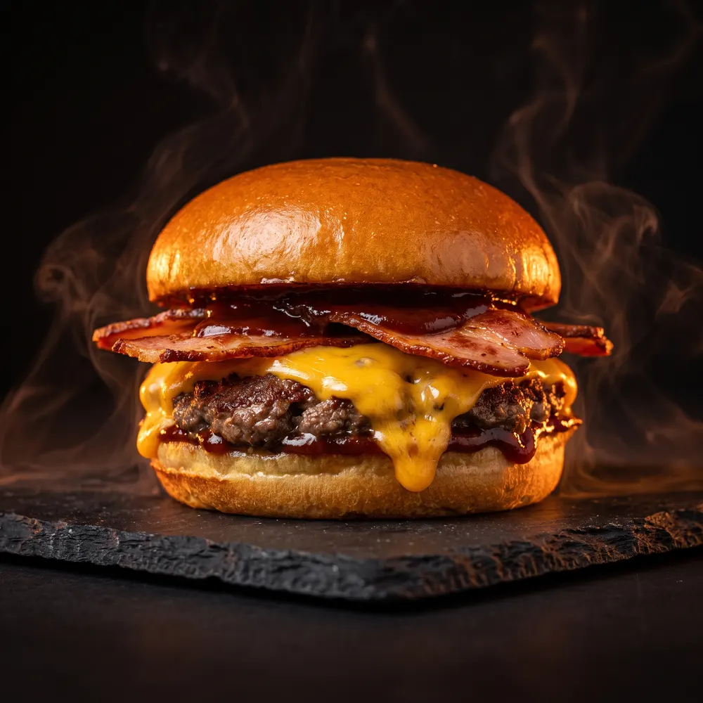 Burger cheese bacon avec bacon de dinde et sauce barbecue