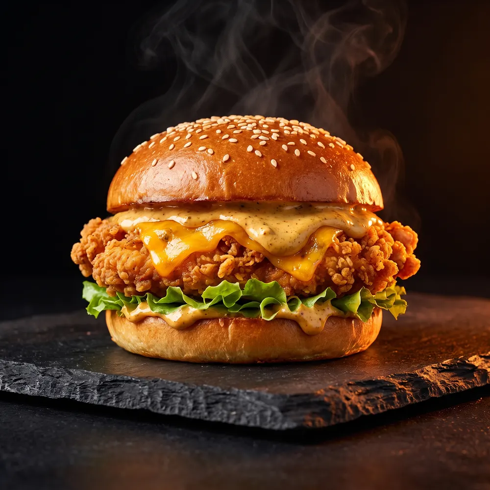 Burger au poulet pané croustillant et sauce curry