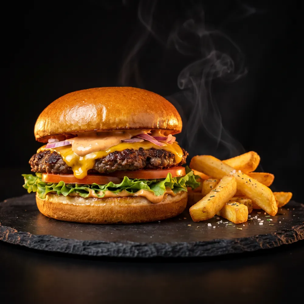 Burger Double Star avec deux steaks, cheddar fondu et frites maison