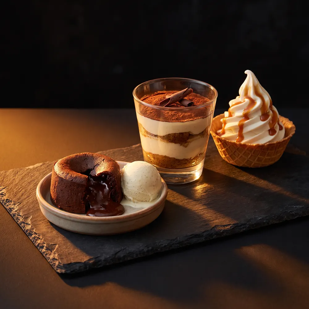 Desserts : tiramisu, fondant au chocolat et glace au caramel