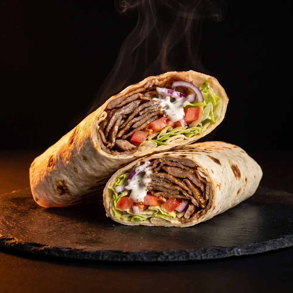 Dürüm kebab roulé dans une galette toastée, coupé en deux