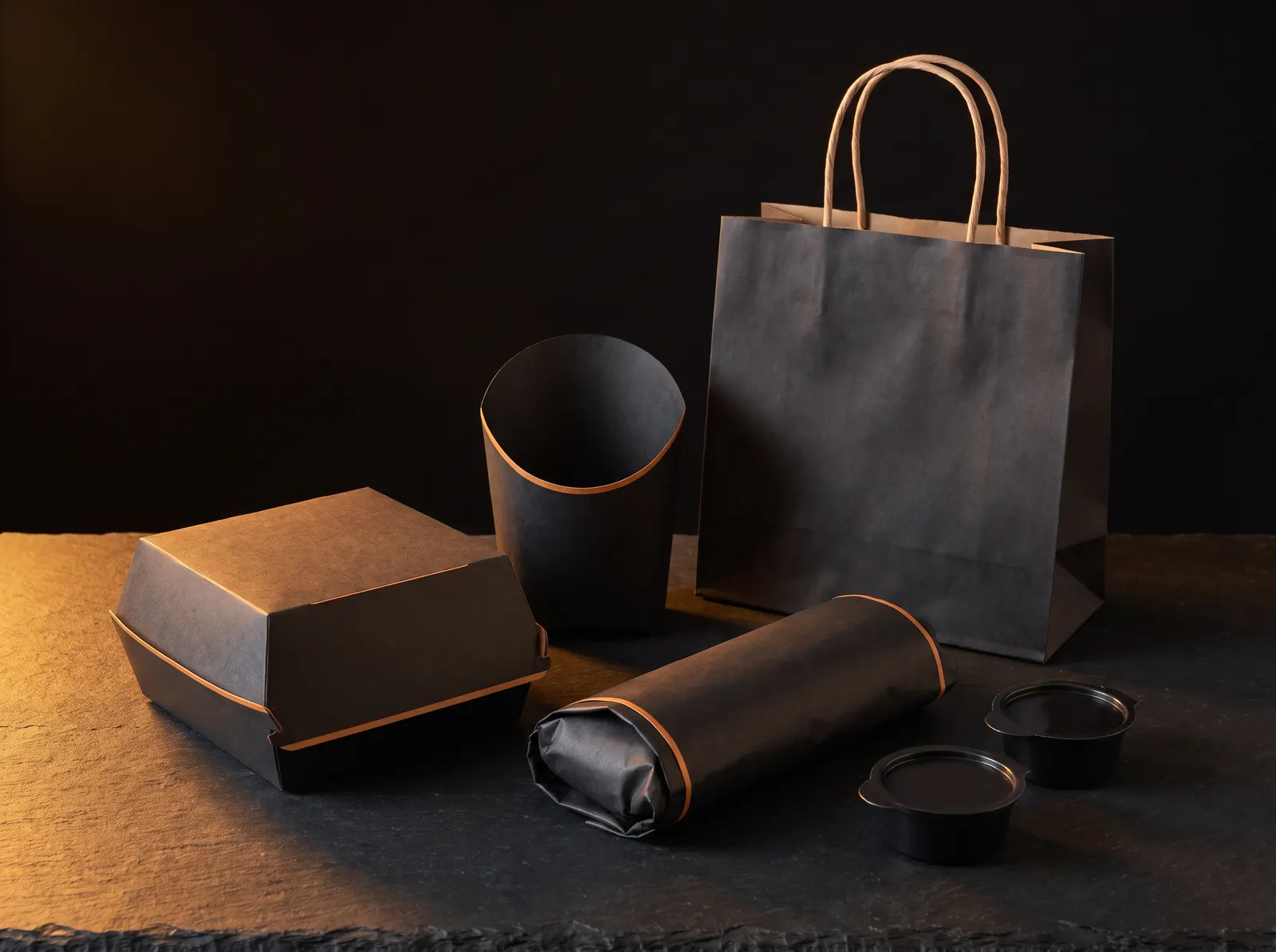 Emballages noirs CHICHEN STAR : boîte burger, cornet de frites et sac à emporter