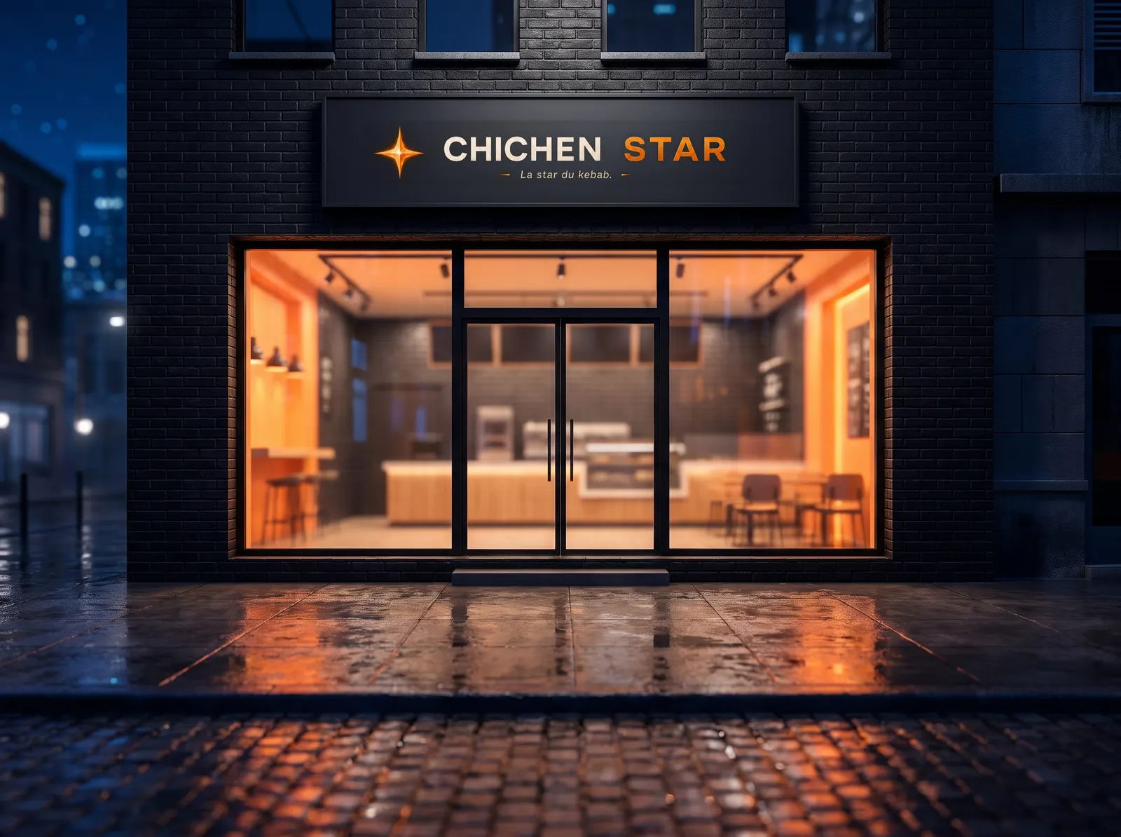 Façade du restaurant CHICHEN STAR éclairée la nuit rue de la Harpe