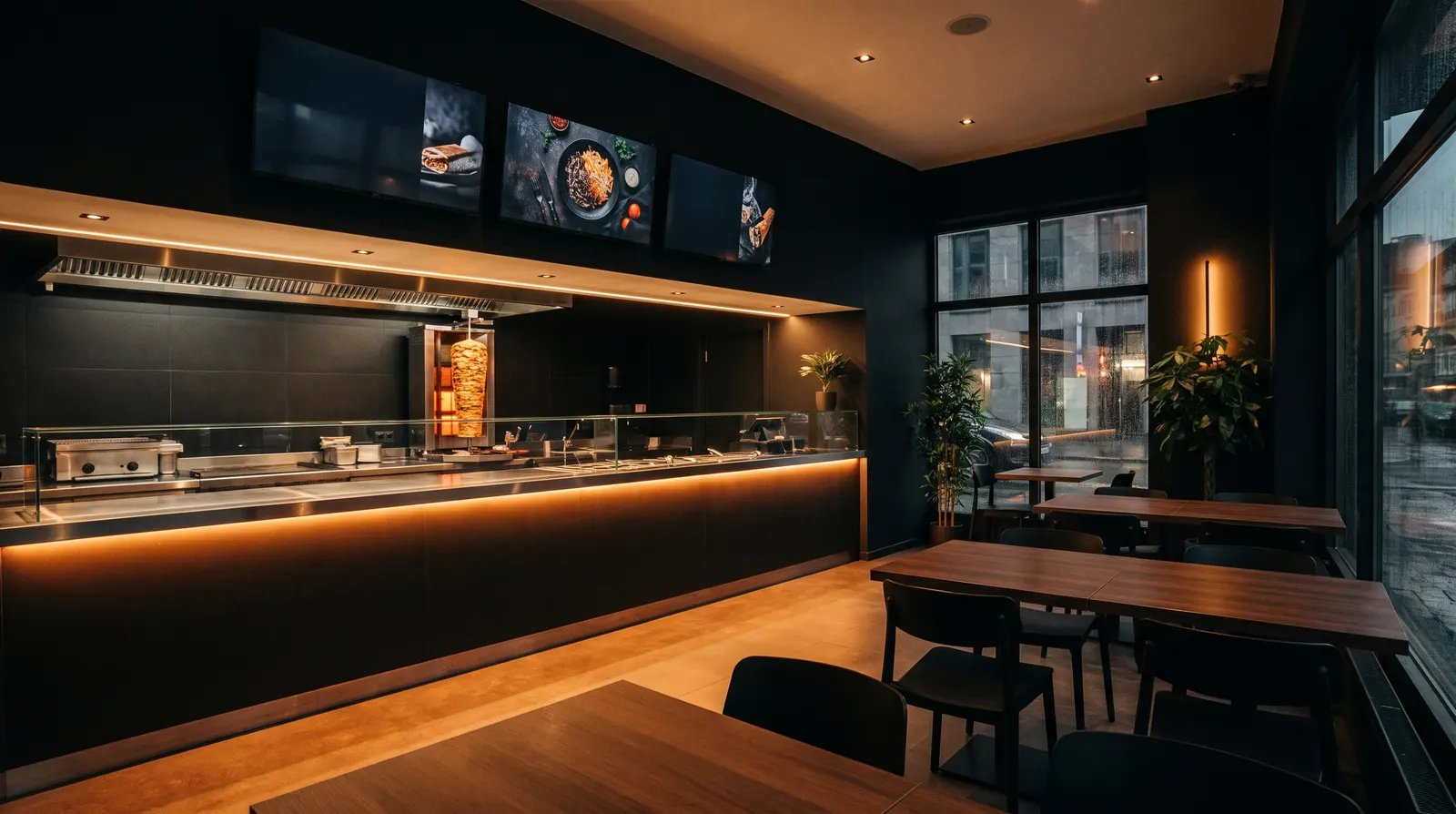 Salle du restaurant CHICHEN STAR avec comptoir ouvert sur la cuisine et éclairage orange