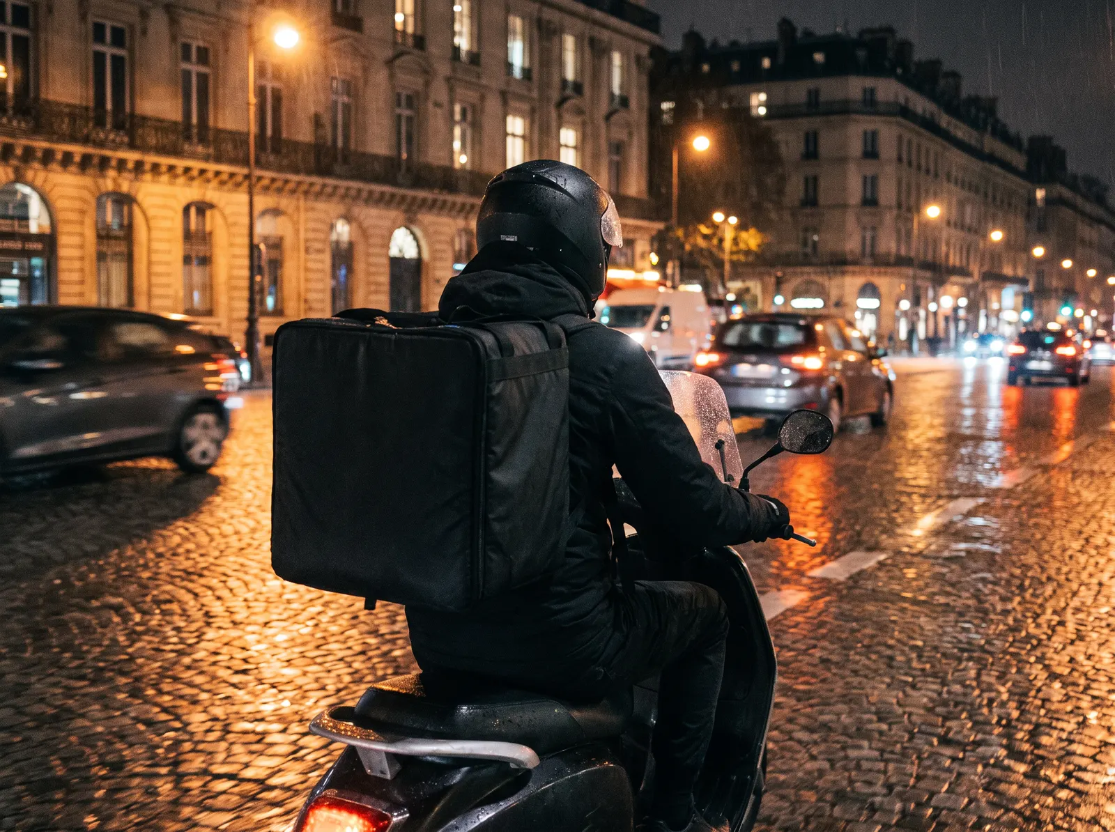 Livreur CHICHEN STAR en scooter avec sac isotherme dans les rues d’Évreux la nuit