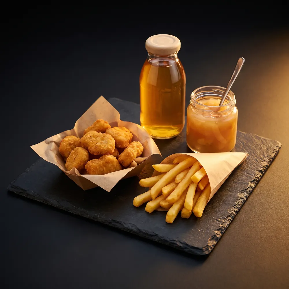 Menu enfant avec nuggets, petites frites, jus et compote
