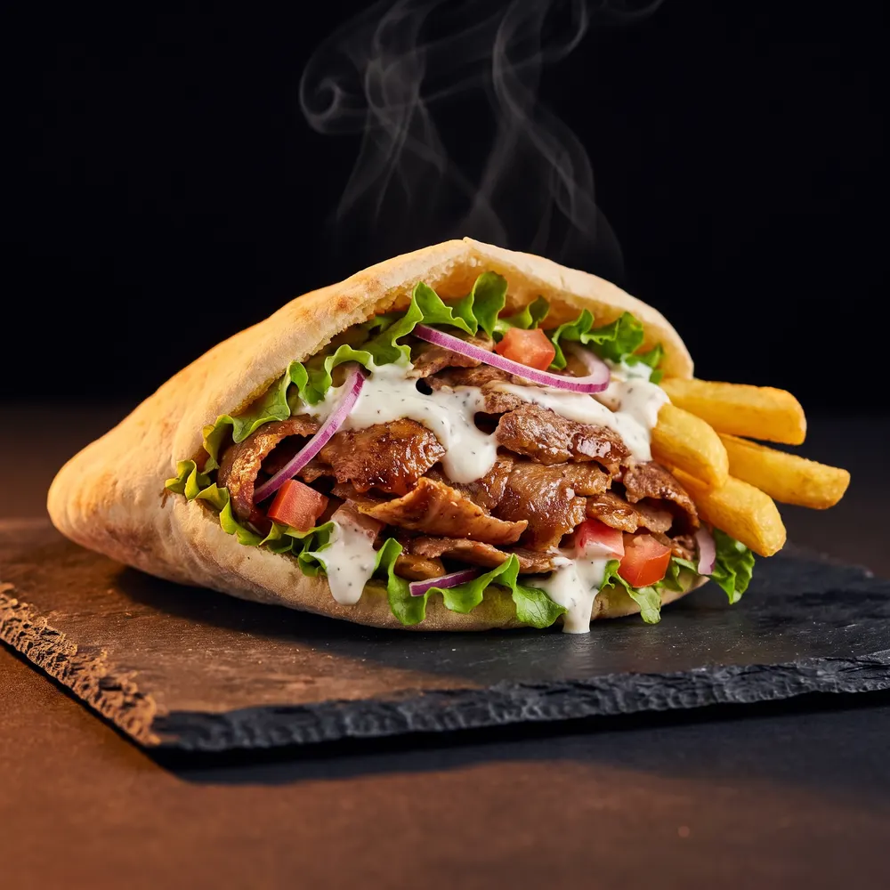 Sandwich kebab Original Star garni de viande grillée, salade, tomates et sauce blanche