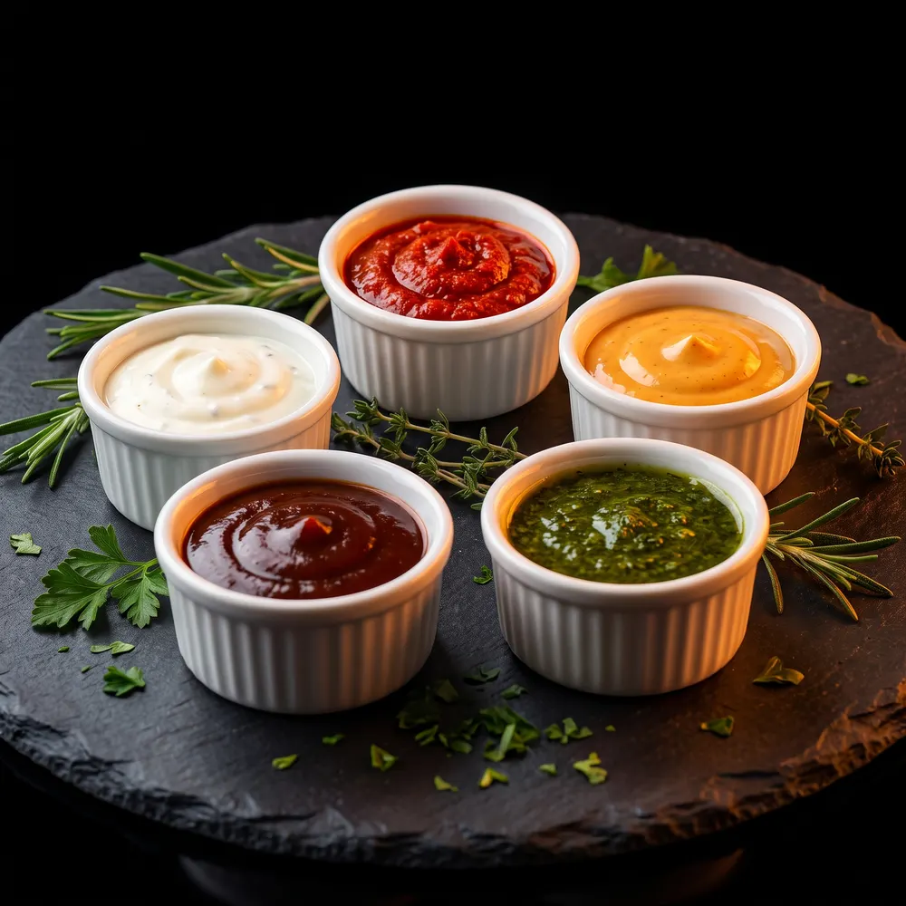 Pots de sauces maison : blanche, harissa, barbecue, algérienne et herbes