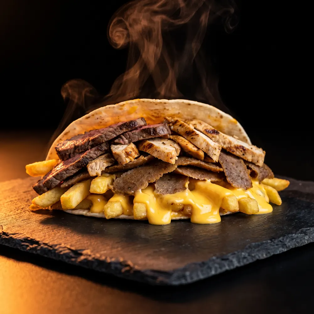 Tacos XL à trois viandes avec frites et sauce fromagère